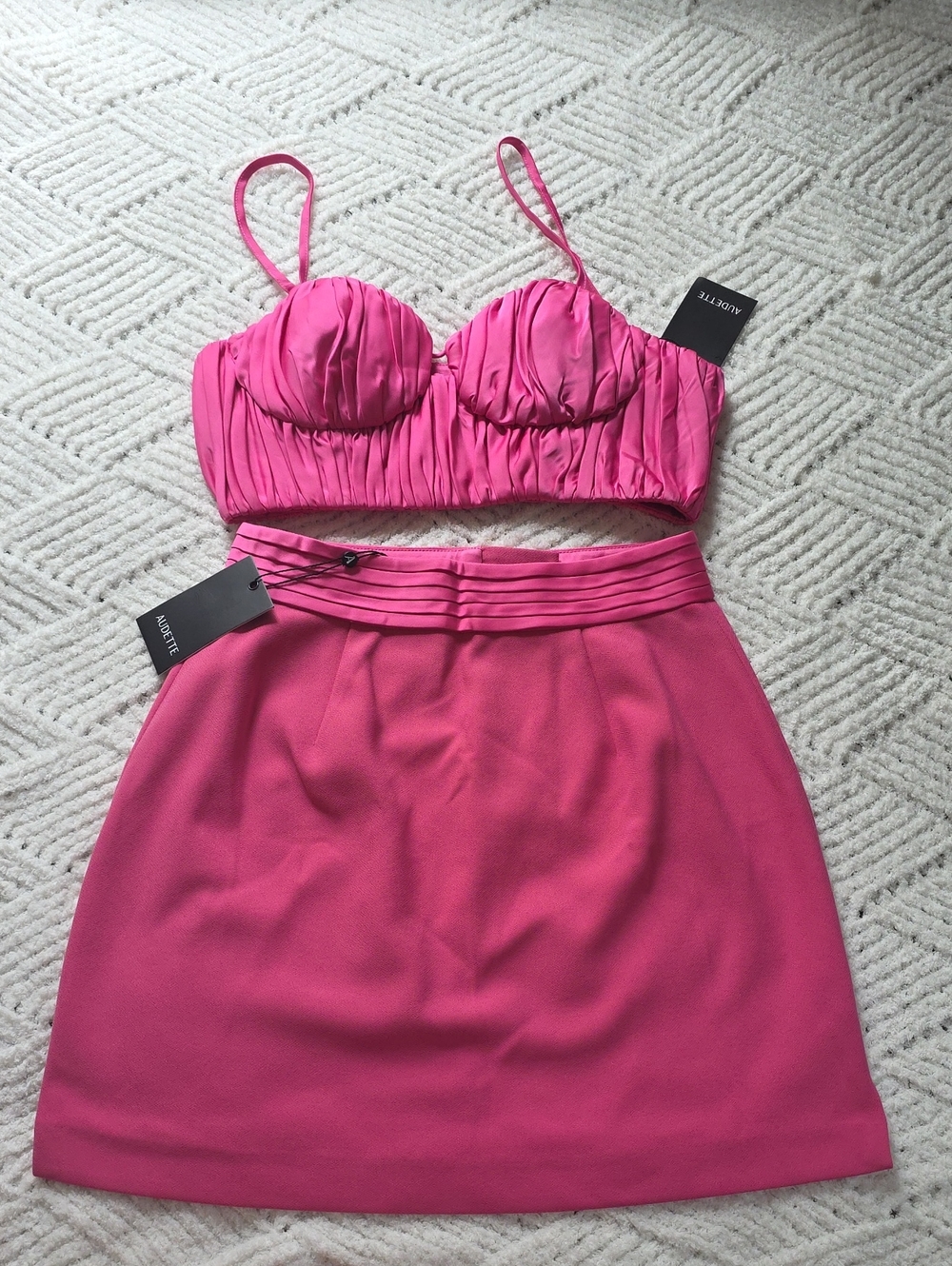 Audette Pleated Waist Mini Skirt Set in Vibrant Hot Pink